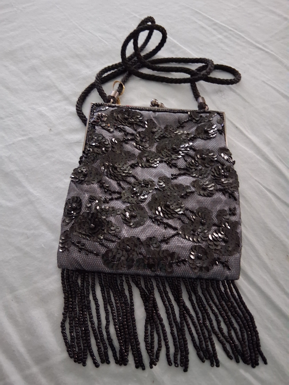 Lancome Black Sequined Floral Fringe Evening Bag